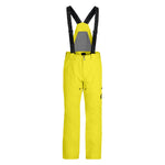 Spyder Men's Dare Insulated Pant - A pair of yellow ski pants with a black logo on the left leg and two zippered pockets on the right side.