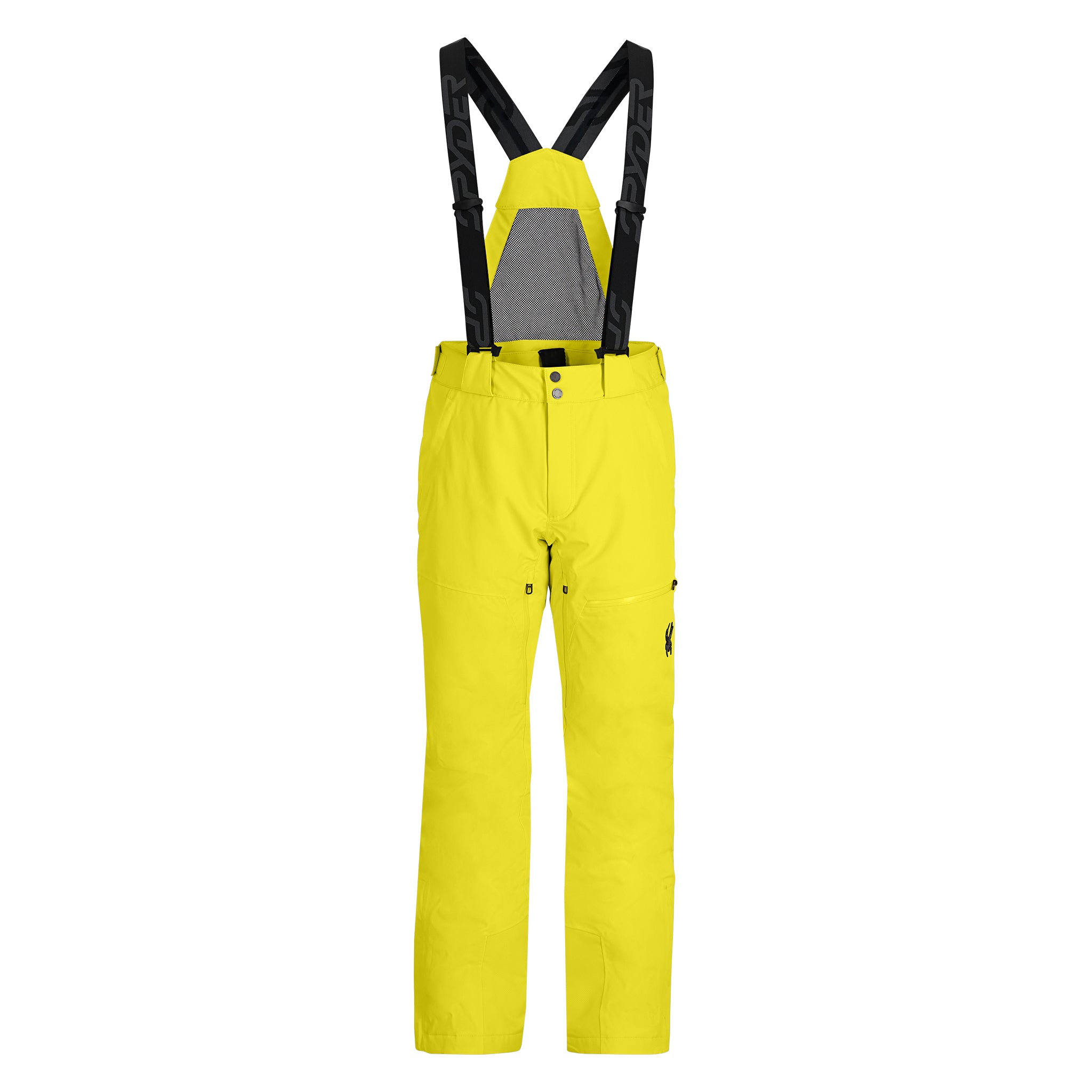 Spyder Men's Dare Insulated Pant - A pair of yellow ski pants with a black logo on the left leg and two zippered pockets on the right side.