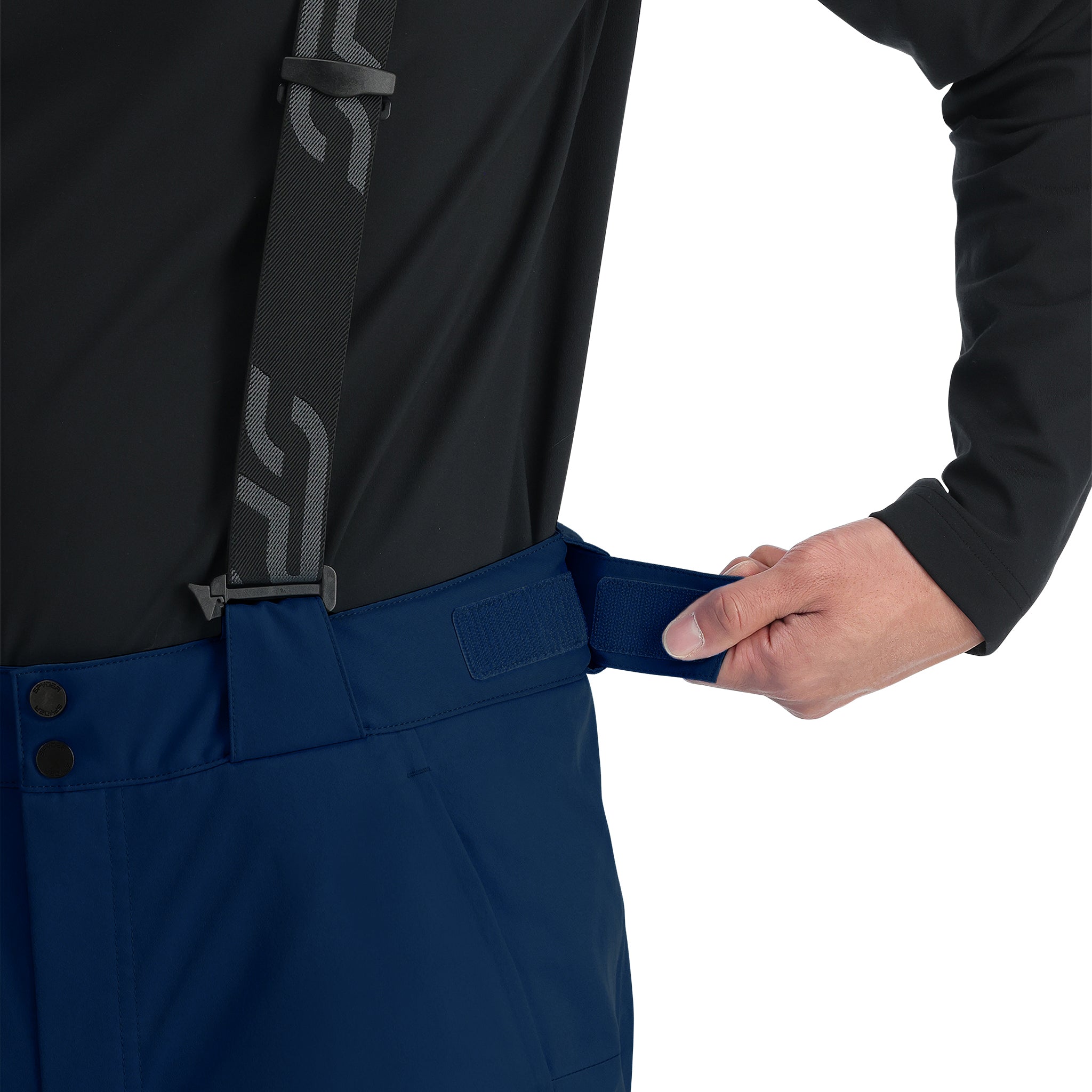 Spyder Men's Dare Insulated Pant - Black insulated ski pants with a subtle pattern of thin white lines on the side seams.