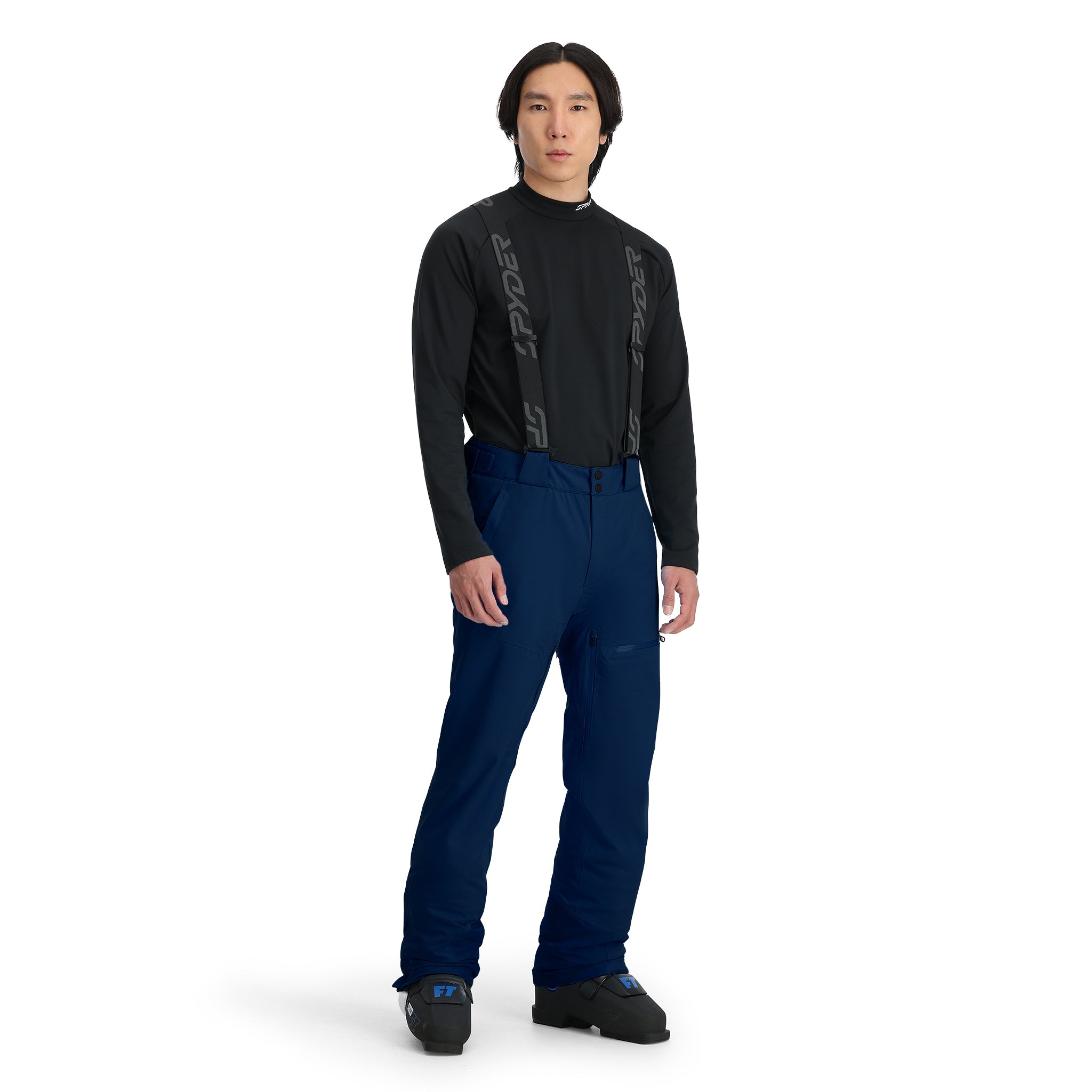Spyder Men's Dare Insulated Pant - Black pants with gray Spyder logo on left thigh and right calf, zippered pockets, and adjustable waistband.