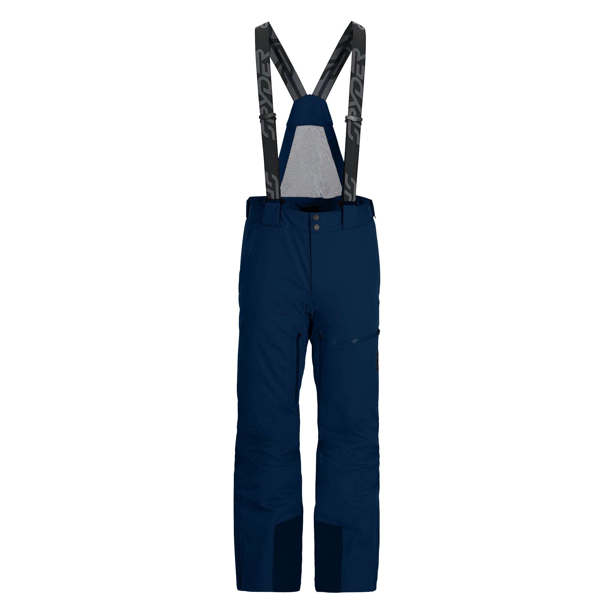 Spyder Men's Dare Insulated Pant - Dark blue snow pants with a black waistband and belt loops, featuring a zippered fly and two front pockets.