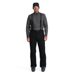 Spyder Men's Dare Insulated Pant Tall - Black ski pants with a subtle pattern of thin white lines on the left leg, and black suspenders attached to the shoulders.