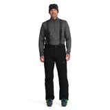 Spyder Men's Dare Insulated Pant Tall - Black ski pants with a subtle pattern of thin white lines on the left leg, and black suspenders attached to the shoulders.