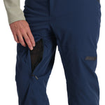 Spyder Men's Bormio Insulated Pants - Dark blue pants with a black zipper on the left leg, featuring a subtle pattern of thin white lines and a textured fabric.