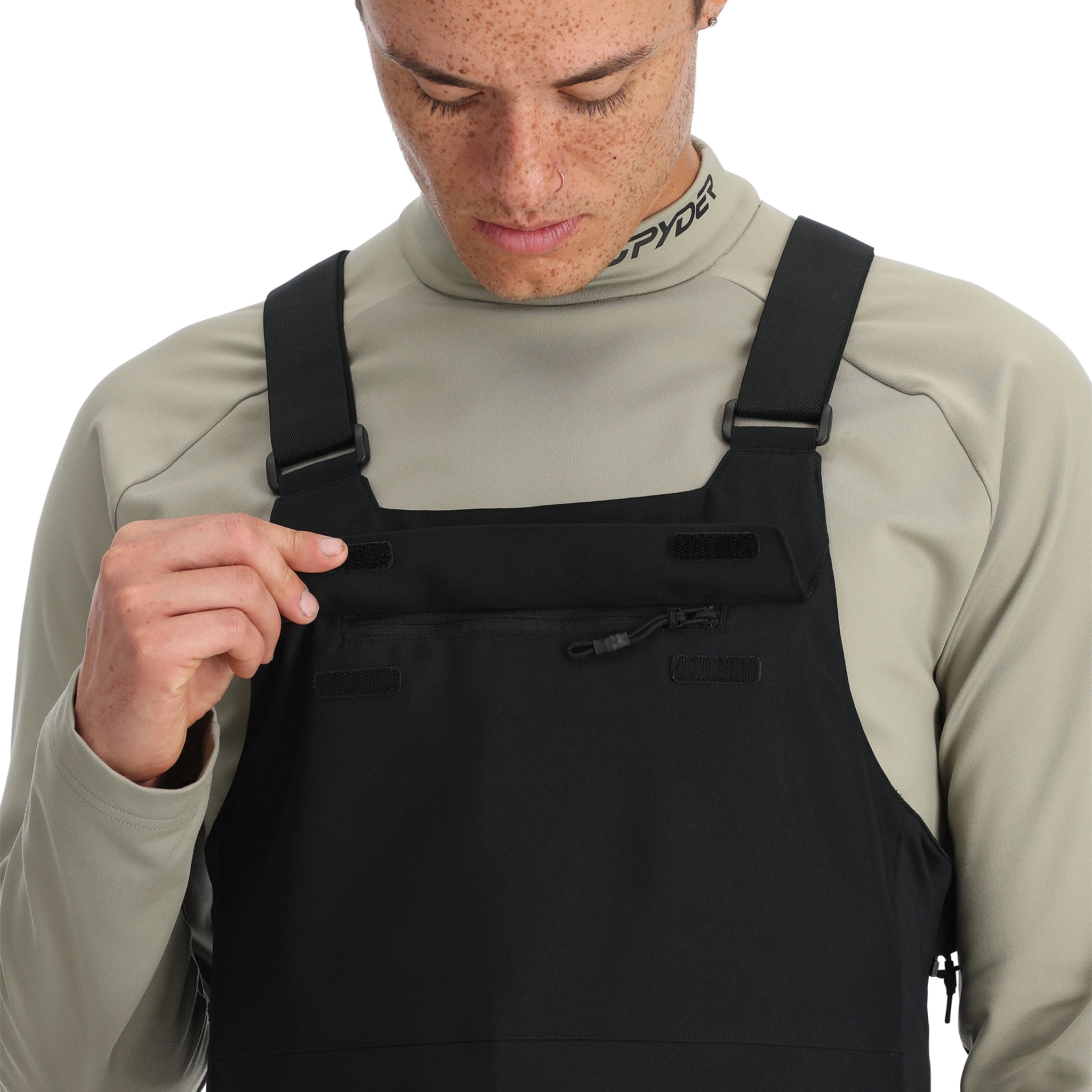 Spyder Men's Terrain Insulated Bib Pants - Black bib pants with black elastic suspenders and a zippered fly.