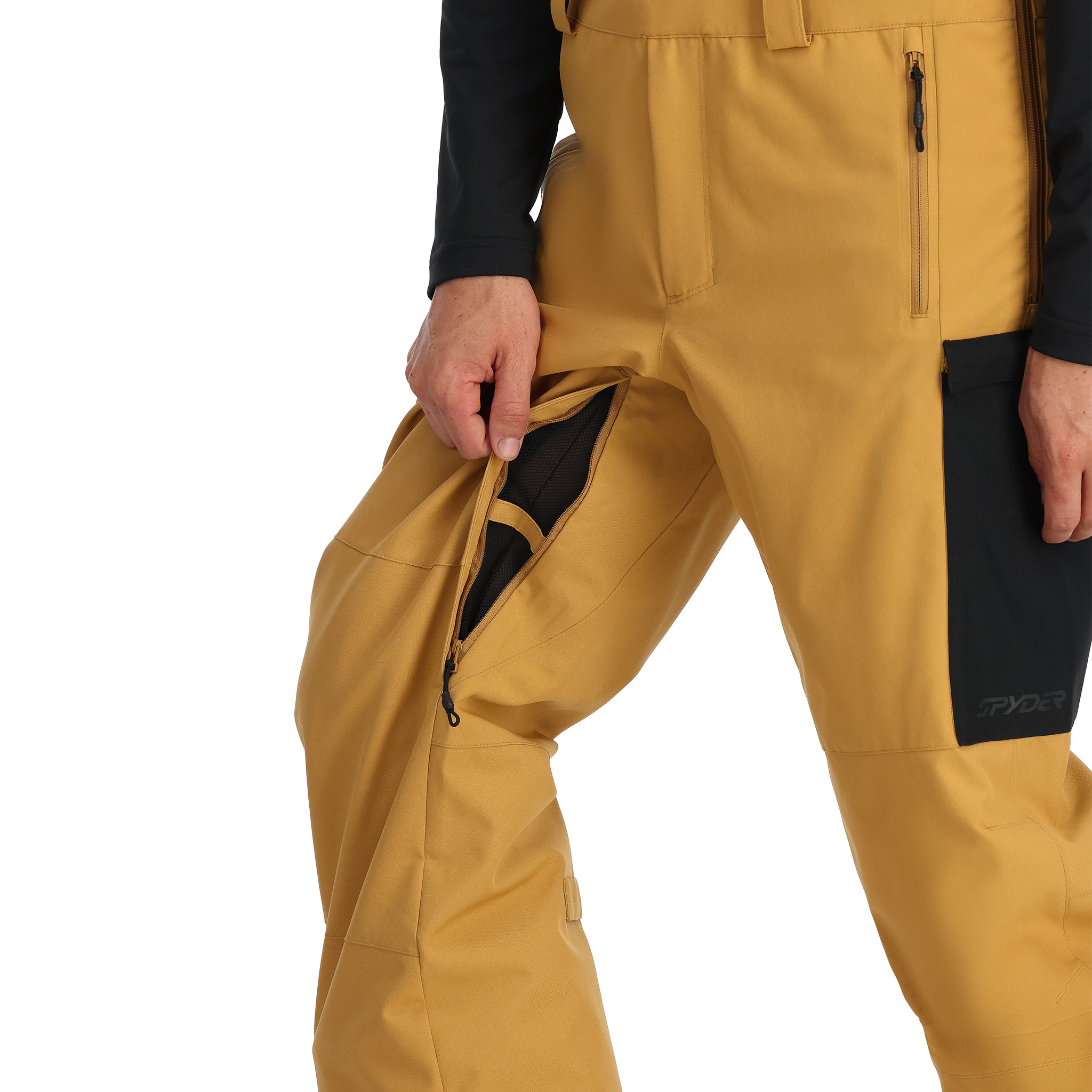 Spyder Men's Terrain Insulated Bib Pants - A pair of khaki-colored insulated bib pants with a black waistband and belt loops.