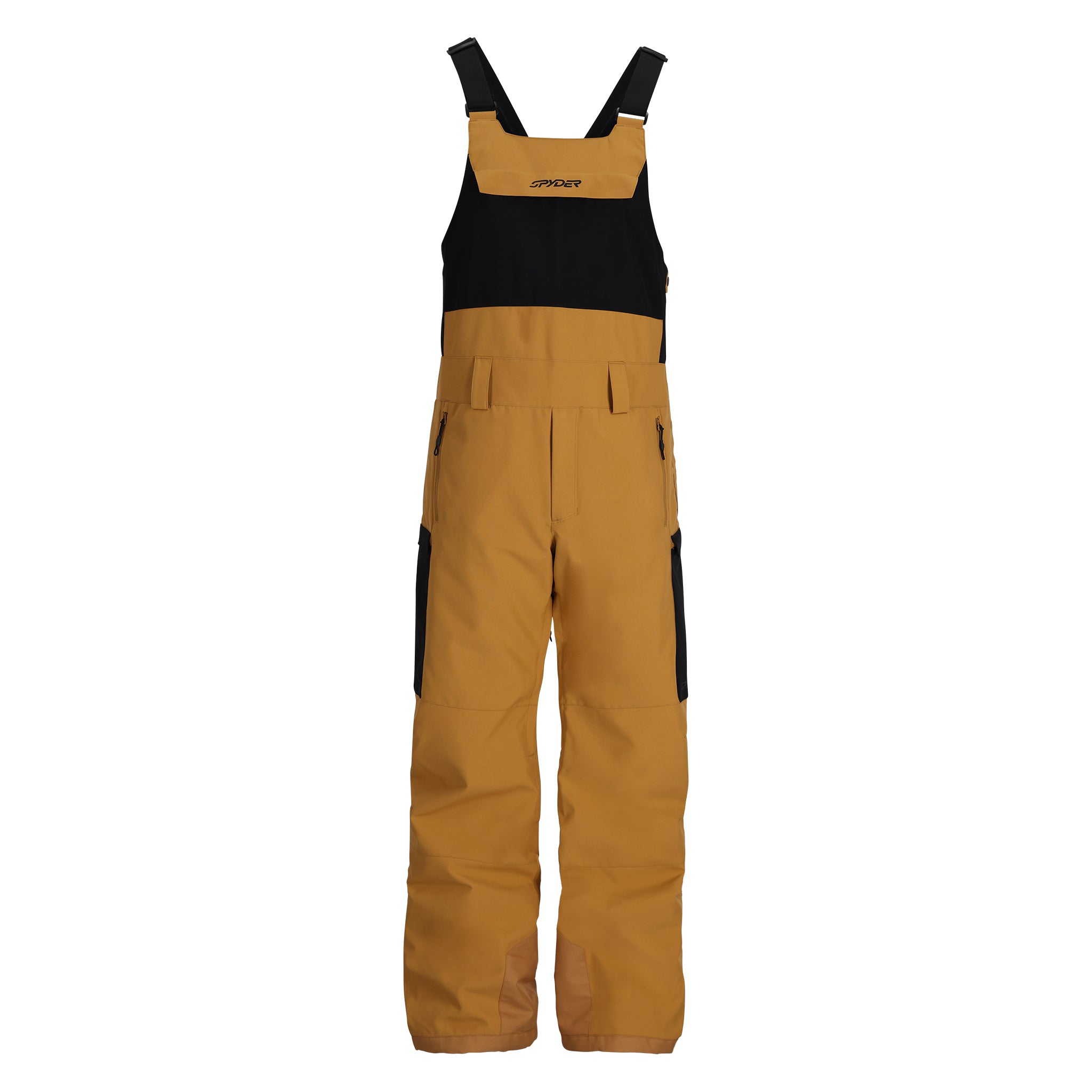 Spyder Men's Terrain Insulated Bib Pants 2025 - A pair of khaki-colored bib pants with a black waistband and belt loops, featuring a zippered fly and two front pockets.