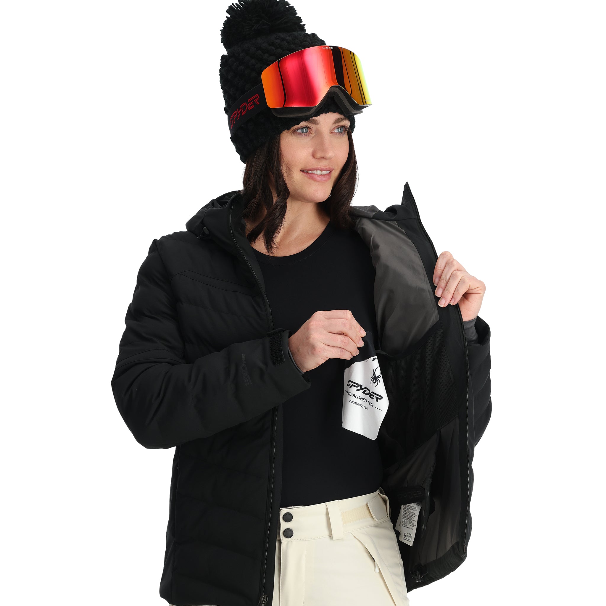 Spyder Women's Brisk Synthetic Down Jacket - A black down jacket with a hood, featuring a zipper and two pockets on the front.