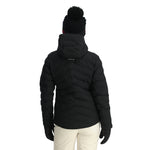 Spyder Women's Brisk Synthetic Down Jacket - A black down jacket with a hood, featuring red accents on the left shoulder and right chest.