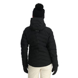 Spyder Women's Brisk Synthetic Down Jacket - A black down jacket with a hood, featuring red accents on the left shoulder and right chest.