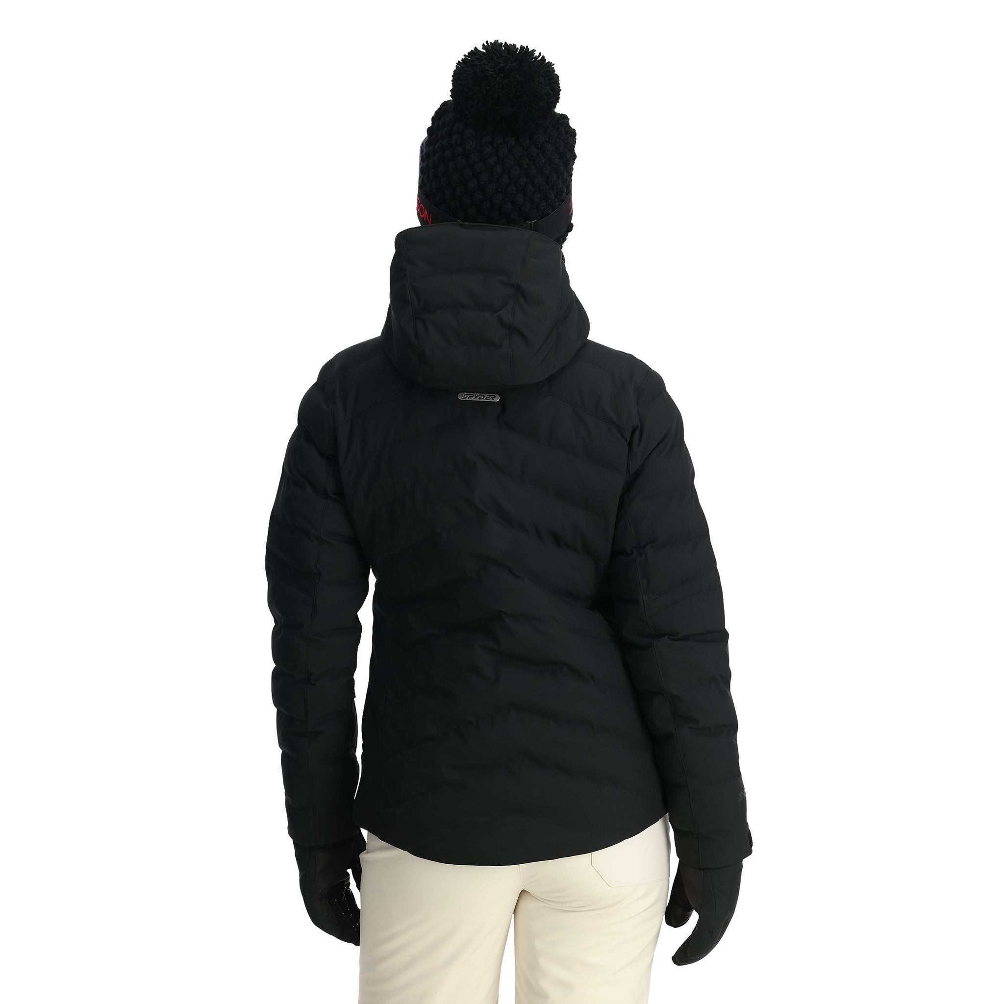 Spyder Women's Brisk Synthetic Down Jacket - A black down jacket with a hood, featuring red accents on the left shoulder and right chest.