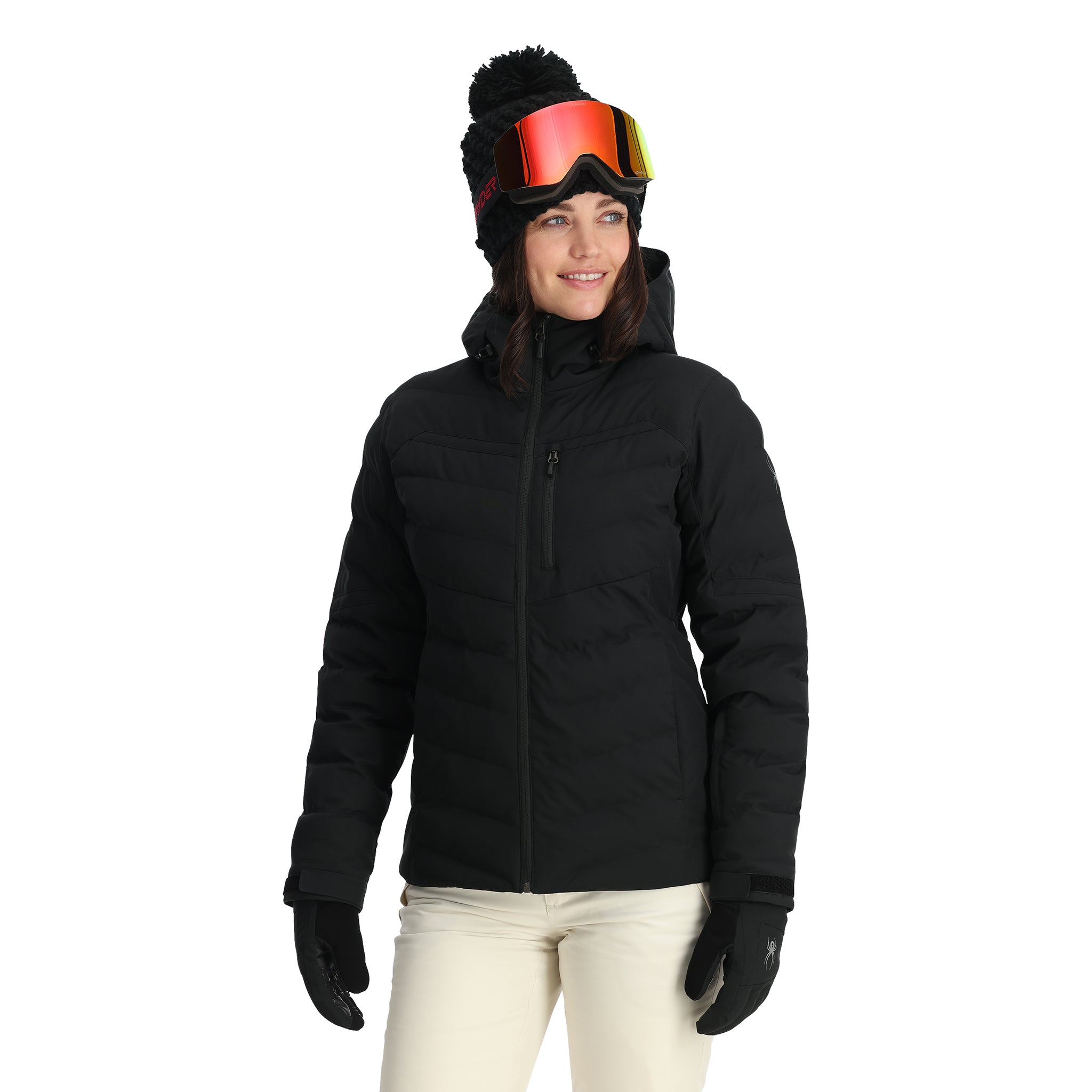 Spyder Women's Brisk Synthetic Down Jacket - A black down jacket with a high collar and zippered pockets, featuring a subtle logo on the left sleeve.