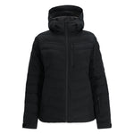 Spyder Women's Brisk Synthetic Down Jacket - A black down jacket with a hood, featuring two zippered pockets on the front and a central zipper that extends to the top of the chest.
