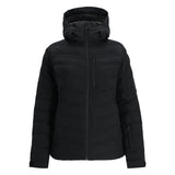 Spyder Women's Brisk Synthetic Down Jacket - A black down jacket with a hood, featuring two zippered pockets on the front and a central zipper that extends to the top of the chest.