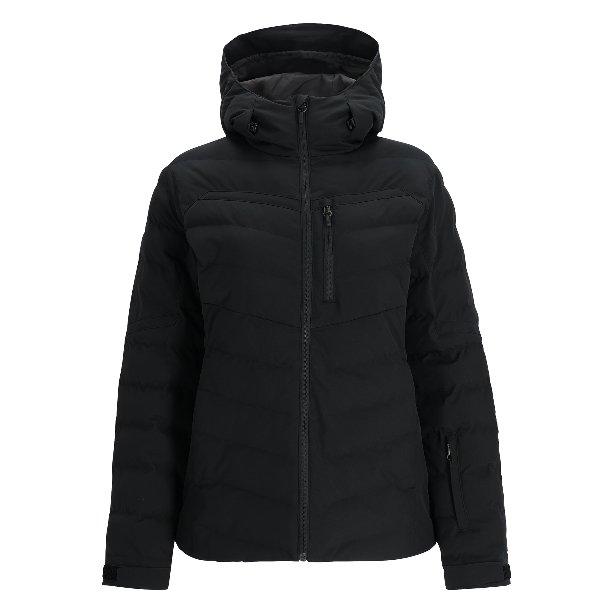 Spyder Women's Brisk Synthetic Down Jacket - A black down jacket with a hood, featuring two zippered pockets on the front and a central zipper that extends to the top of the chest.