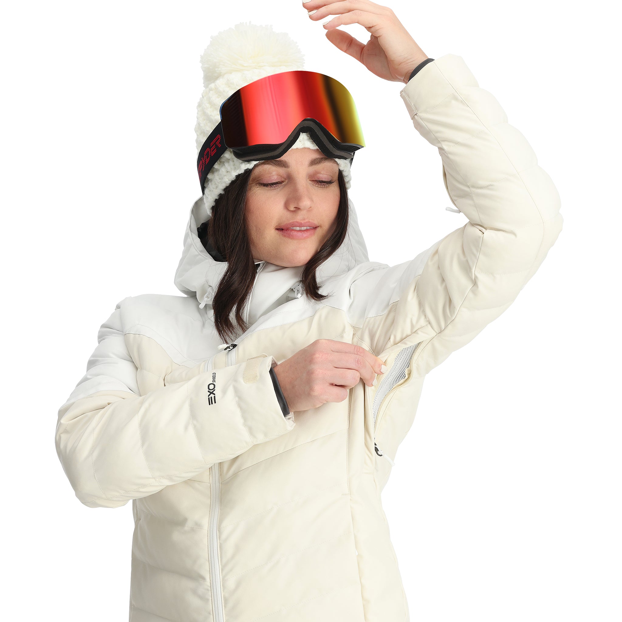 Spyder Women's Brisk Synthetic Down Jacket - A white down jacket with a hood, featuring black zippers and a black logo on the chest.