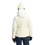 Spyder Women's Brisk Synthetic Down Jacket - A white down jacket with a hood, featuring a black zipper and two zippered pockets on either side.
