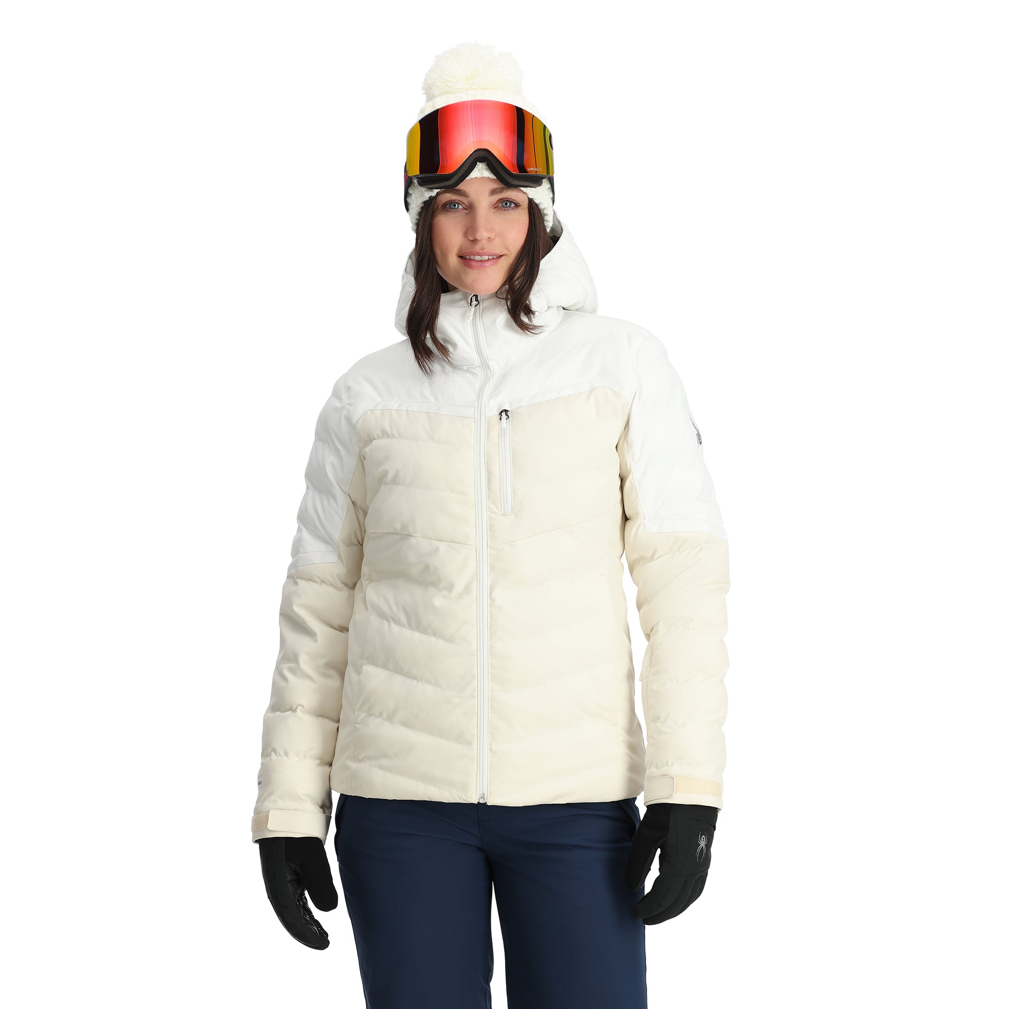 Spyder Women's Brisk Synthetic Down Jacket - A white down jacket with a high collar and zippered pockets, featuring a hood and a black zipper.