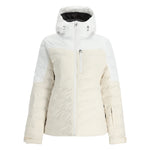 Spyder Women's Brisk Synthetic Down Jacket - A white down jacket with a hood, featuring a zipper closure and two zippered pockets on the front.