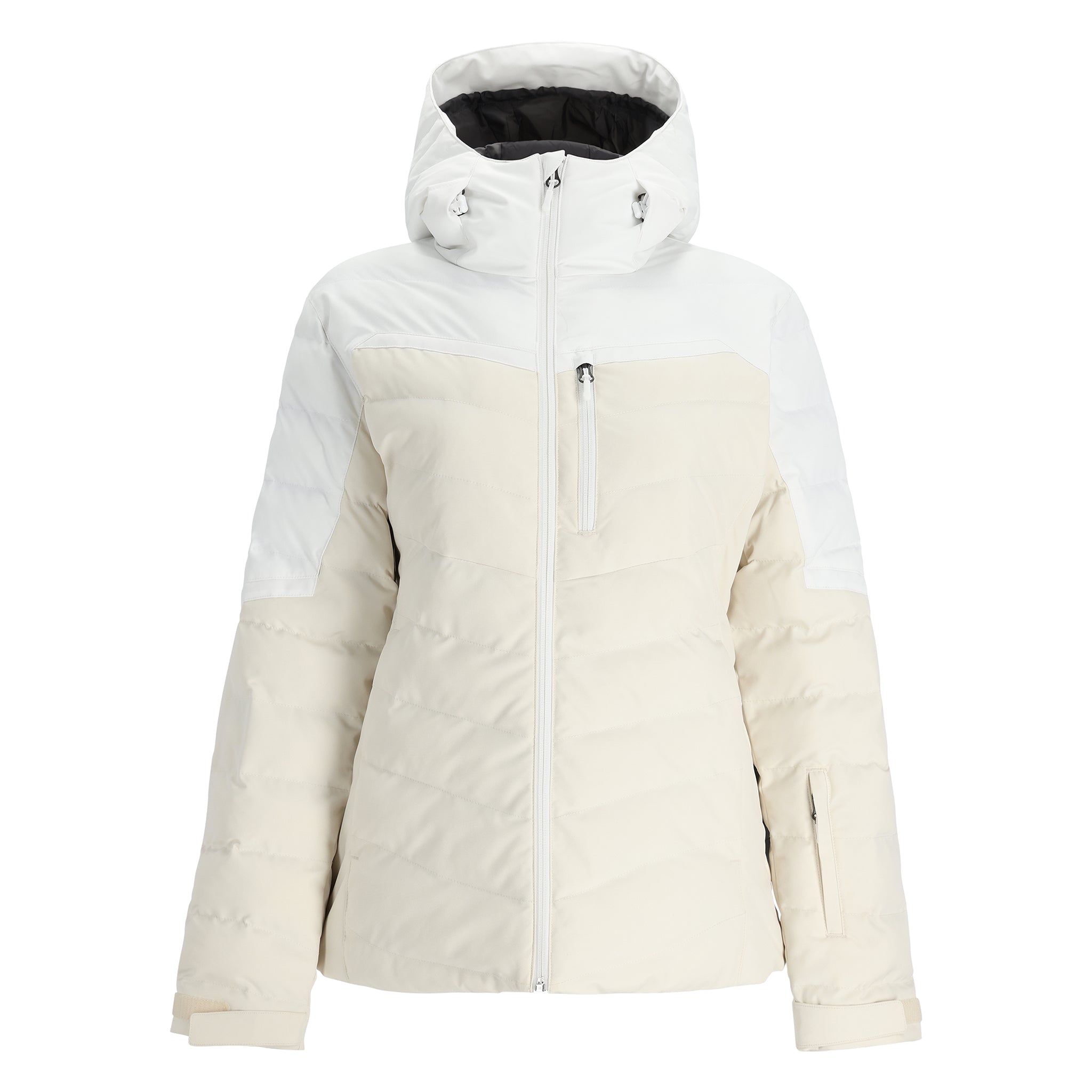 Spyder Women's Brisk Synthetic Down Jacket - A white down jacket with a hood, featuring a zipper closure and two zippered pockets on the front.