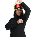 Spyder Women's Skyline Insulated FF Jacket - A black jacket with a fur-lined hood and silver zipper.