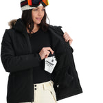 Spyder Women's Skyline Insulated FF Jacket - A black jacket with a fur-lined hood, featuring a zipper and two zippered pockets on the front.