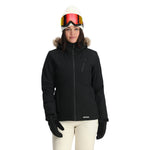 Spyder Women's Skyline Insulated FF Jacket - A black jacket with a fur-lined hood, featuring a zippered chest pocket and two zippered side pockets.
