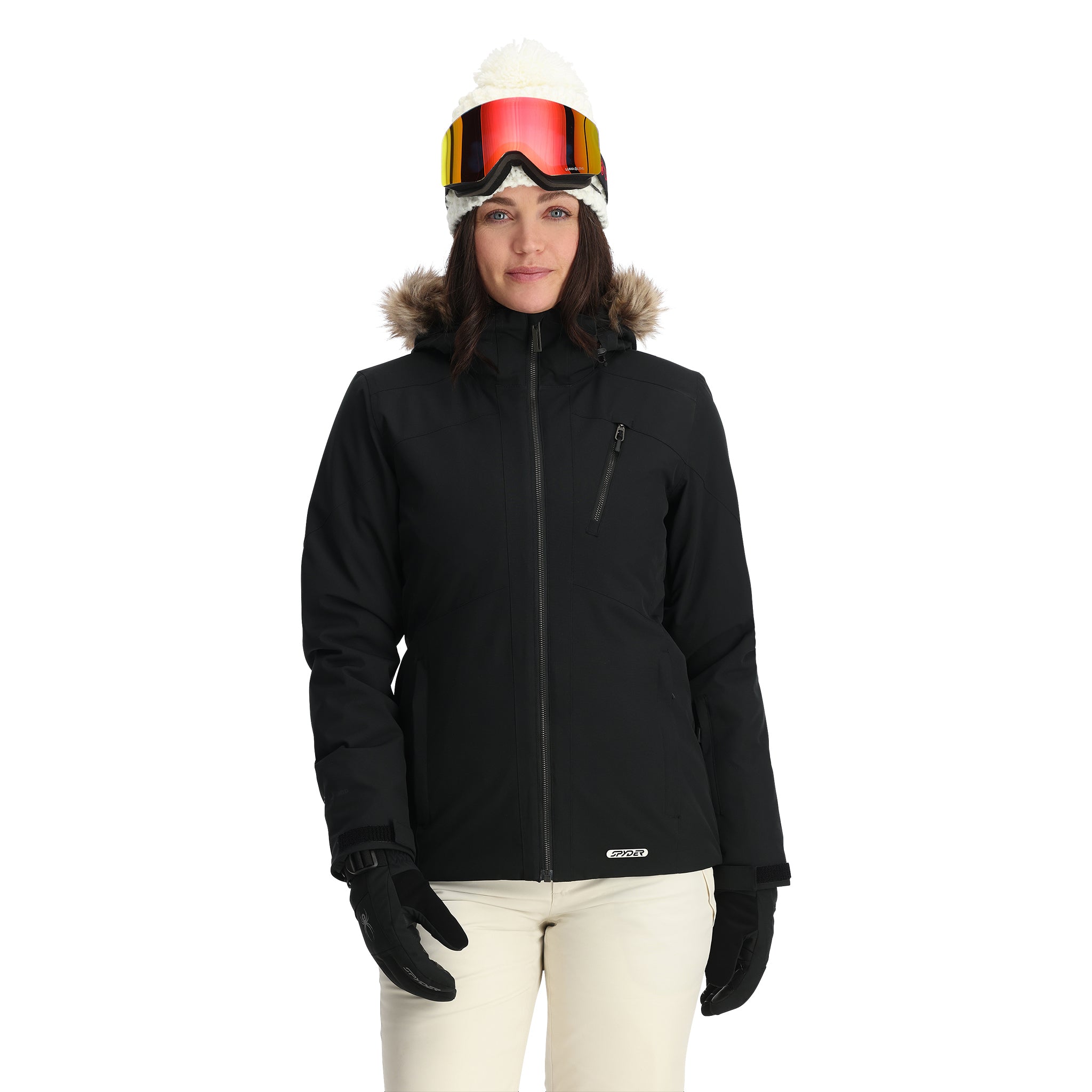 Spyder Women's Skyline Insulated FF Jacket - A black jacket with a fur-lined hood, featuring a zippered chest pocket and two zippered side pockets.