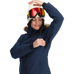 Spyder Women's Skyline Insulated FF Jacket - A navy blue jacket with a fur-lined hood and black zippers.