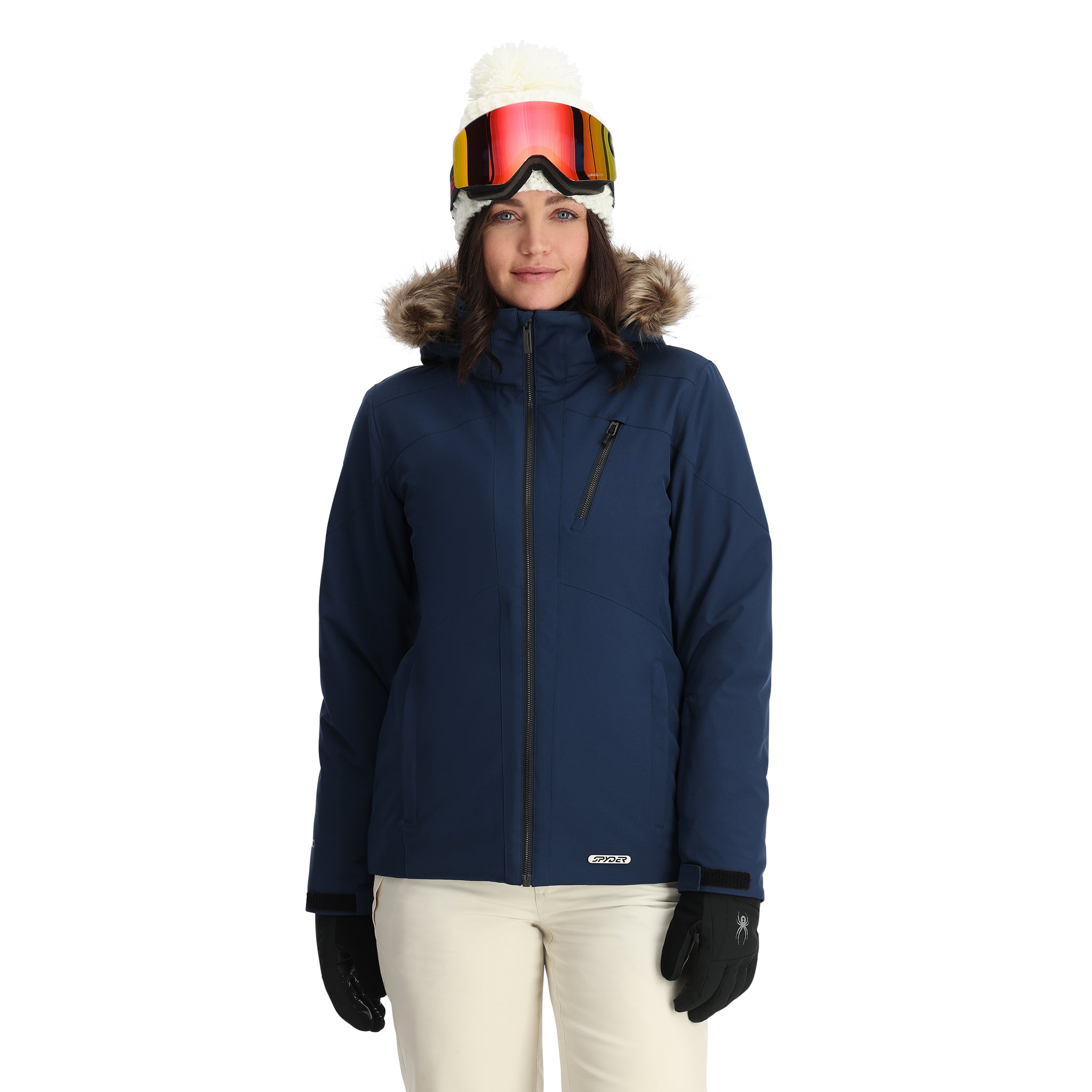 Spyder Women's Skyline Insulated FF Jacket 2025 - A navy blue jacket with a fur-lined hood and black zipper.