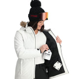 Spyder Women's Skyline Insulated FF Jacket 2025 - A black and white jacket with a fur-lined hood, featuring a zippered front and two side pockets.