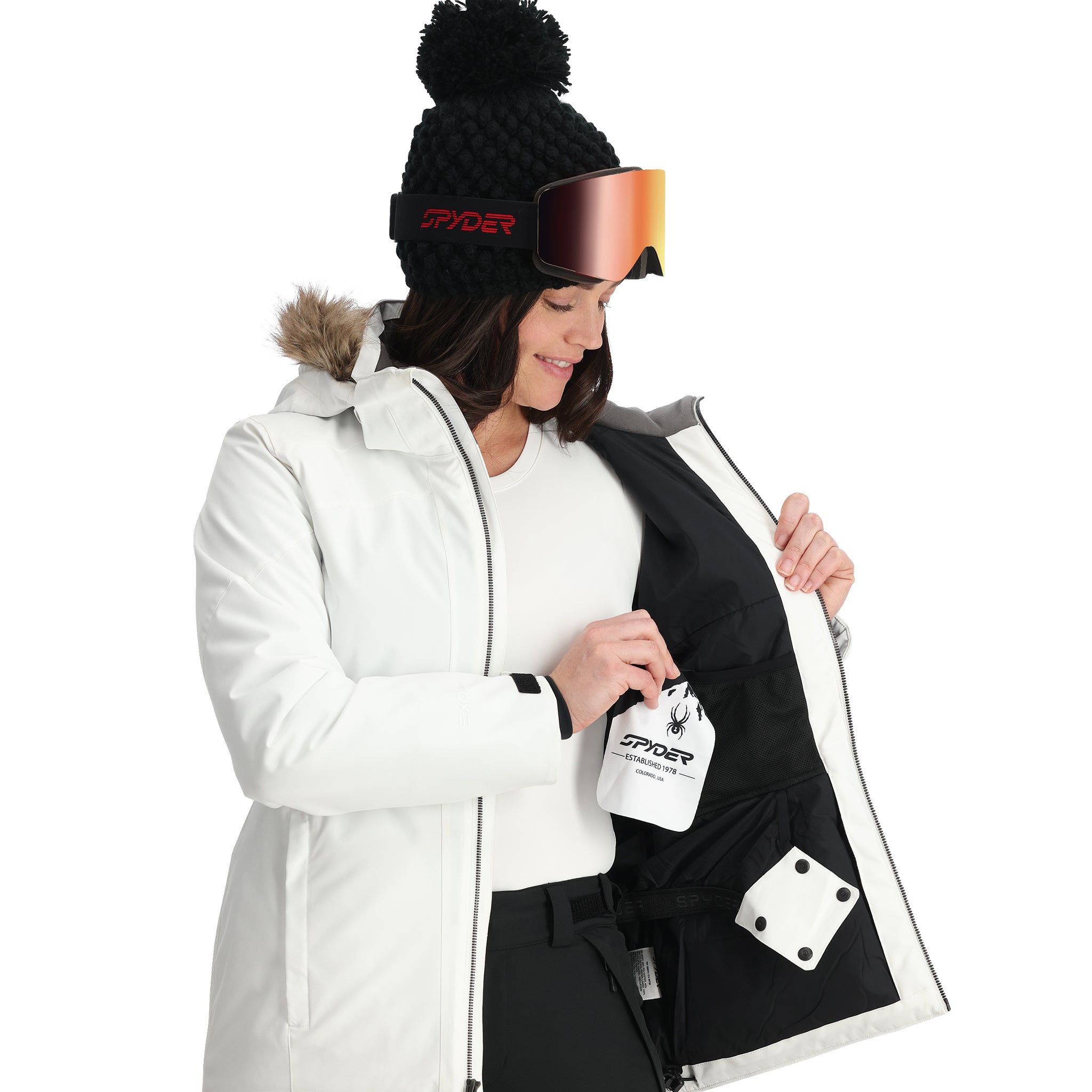 Spyder Women's Skyline Insulated FF Jacket 2025 - A black and white jacket with a fur-lined hood, featuring a zippered front and two side pockets.