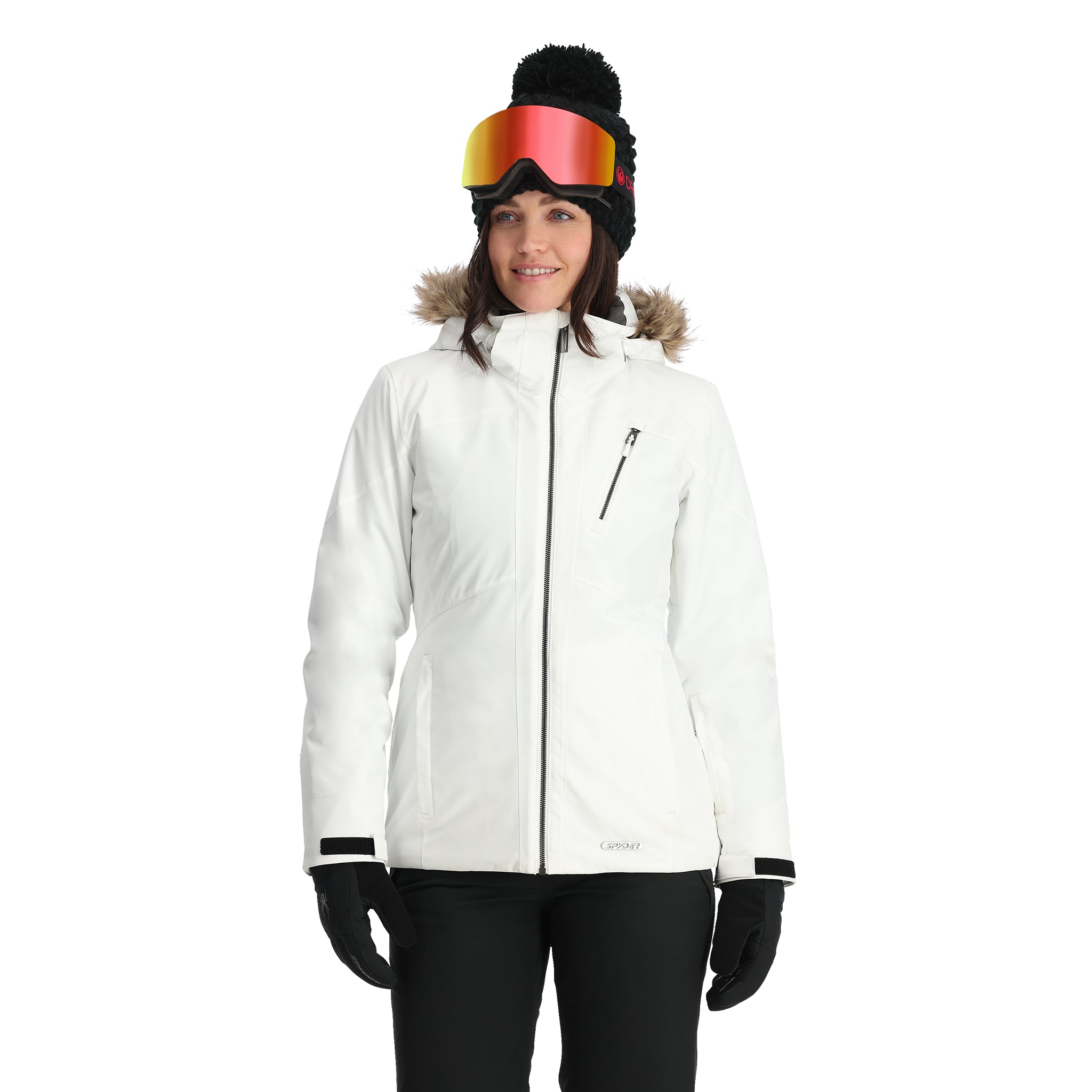 Spyder Women's Skyline Insulated FF Jacket - A white jacket with a fur-lined hood, featuring a zippered chest pocket and two side pockets.