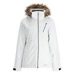Spyder Women's Skyline Insulated FF Jacket 2025 - A white jacket with a fur-lined hood and silver zipper.