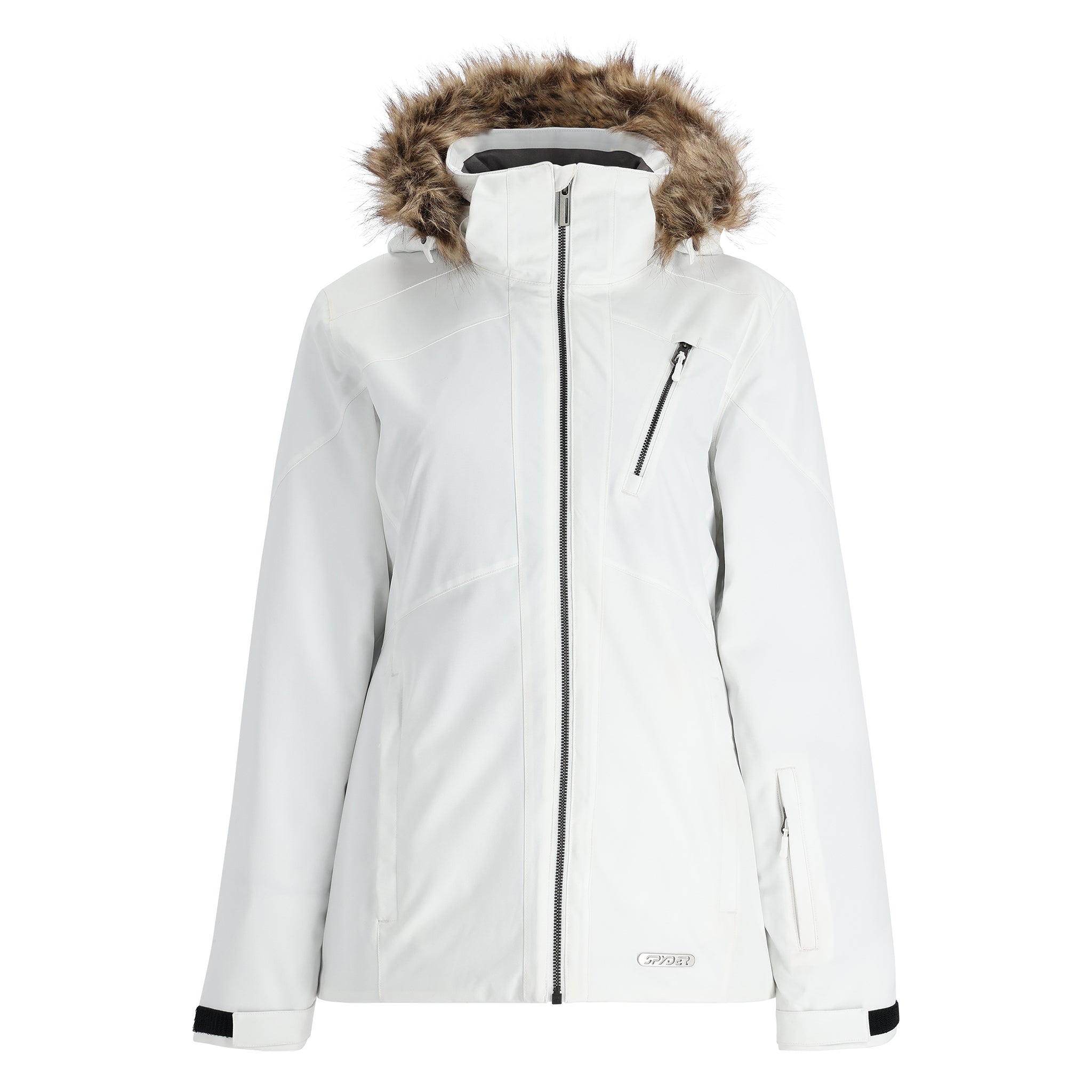 Spyder Women's Skyline Insulated FF Jacket 2025 - A white jacket with a fur-lined hood and silver zipper.