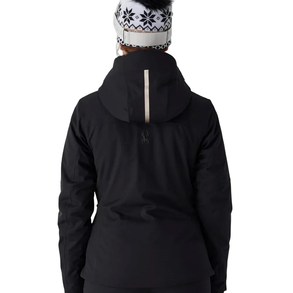 Women’s insulated black ski jacket with hood and faux-fur pom, full-length zipper