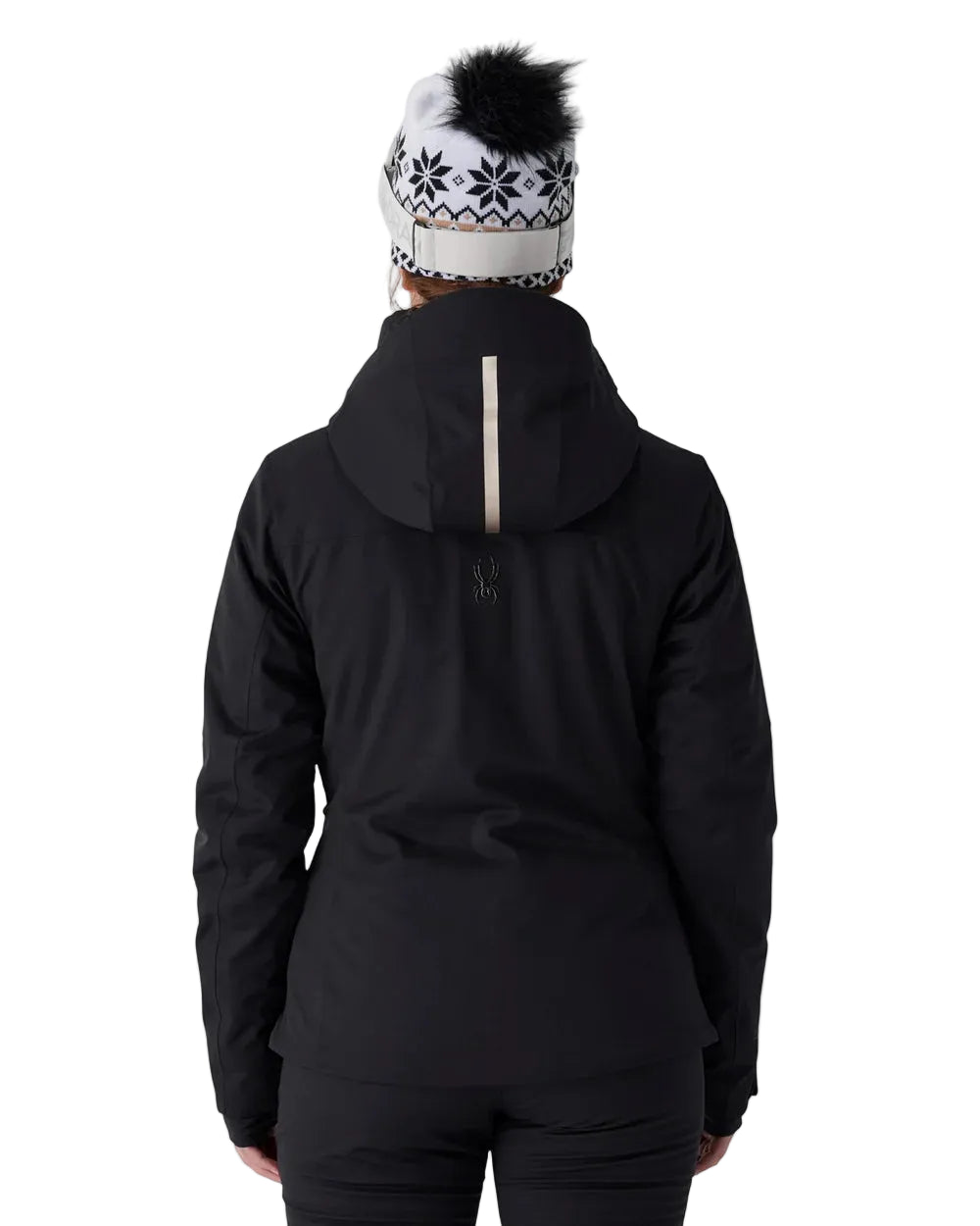 Women’s insulated black ski jacket with hood and faux-fur pom, full-length zipper