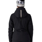 Women’s insulated black ski jacket with hood and faux-fur pom, full-length zipper