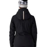 Women’s insulated black ski jacket with hood and faux-fur pom, full-length zipper