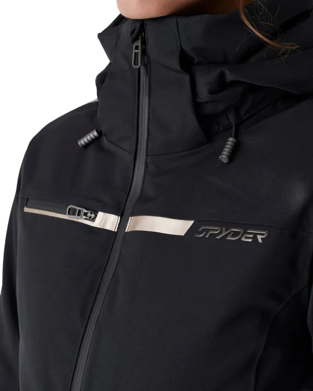 Women’s insulated black jacket front with zip, stand collar, and reflective stripe
