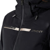Women’s insulated black jacket front with zip, stand collar, and reflective stripe