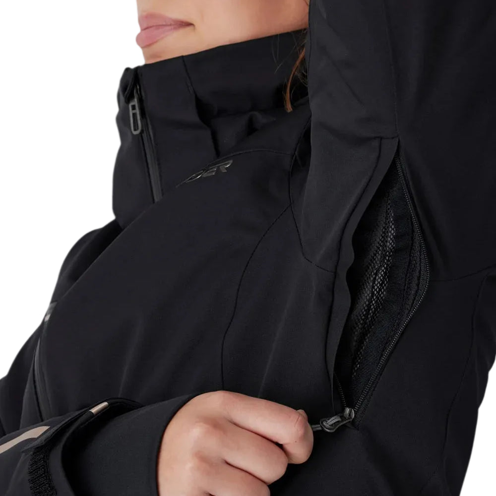 Women’s insulated black jacket close-up with adjustable hood and cuff drawcord