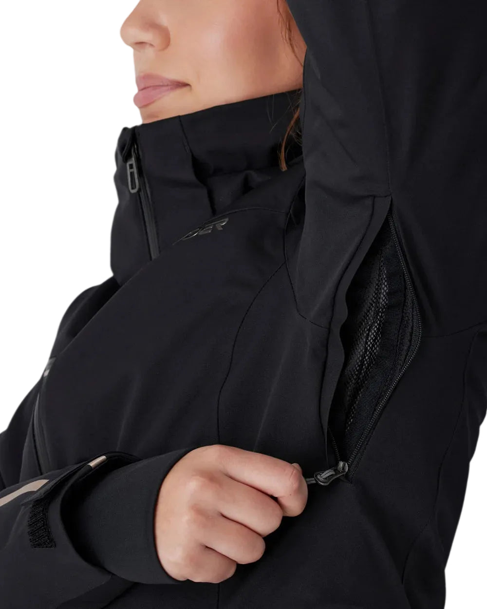 Women’s insulated black jacket close-up with adjustable hood and cuff drawcord