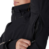 Women’s insulated black jacket close-up with adjustable hood and cuff drawcord