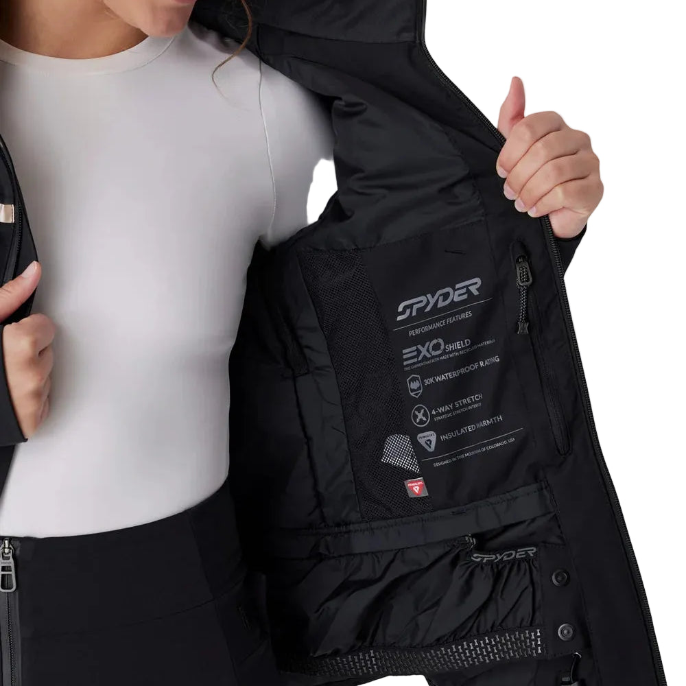 Women’s insulated black jacket with open front, interior pocket panel, logo details