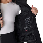 Women’s insulated black jacket with open front, interior pocket panel, logo details