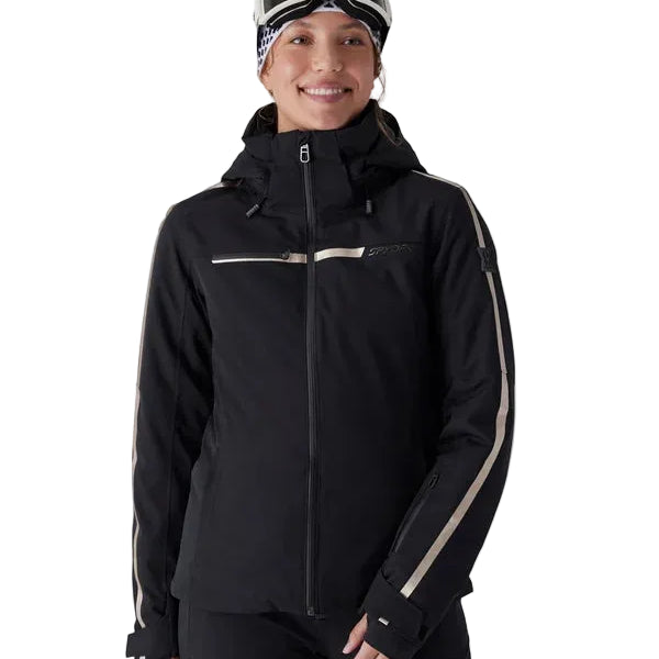 Women’s insulated black ski jacket with hood, faux-fur pom, and side zipper pocket