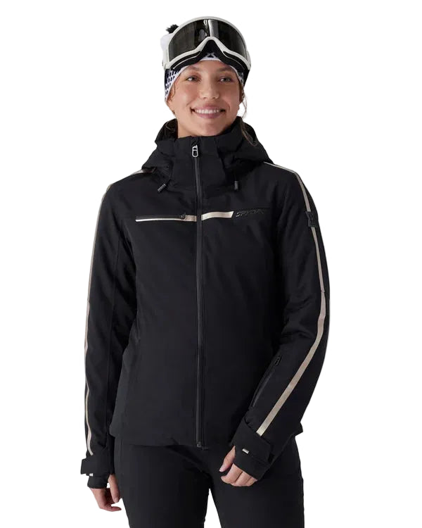 Women’s insulated black ski jacket with hood, faux-fur pom, and side zipper pocket