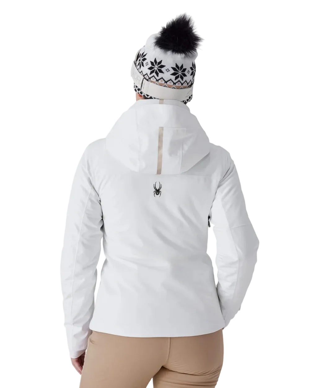 Women’s insulated white ski jacket with hood and faux-fur pom, center-back detail