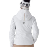 Women’s insulated white ski jacket with hood and faux-fur pom, center-back detail